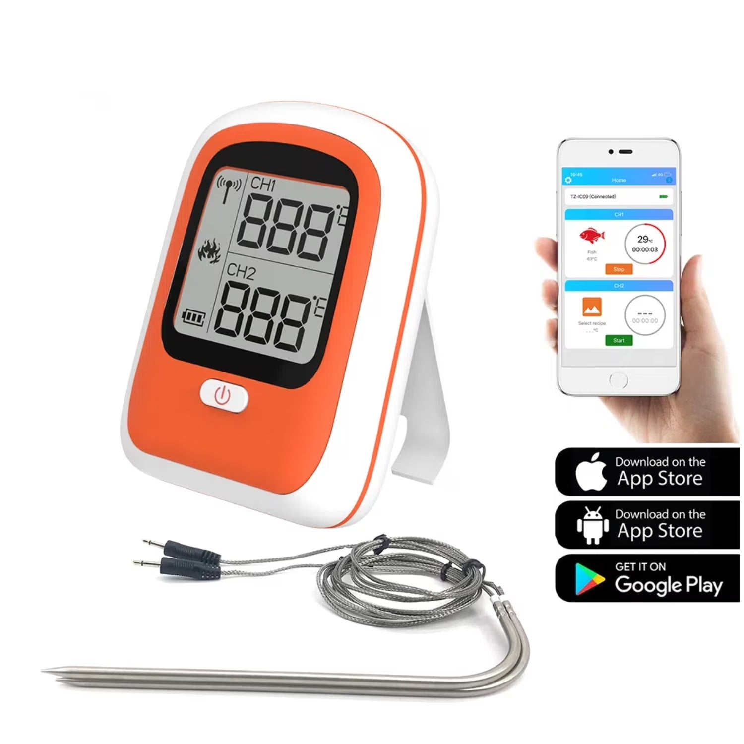 RUXAN Meat Thermometer-Digital with 2 Probes, for Cooking, Food, Grilling Meat, Candy, App Display