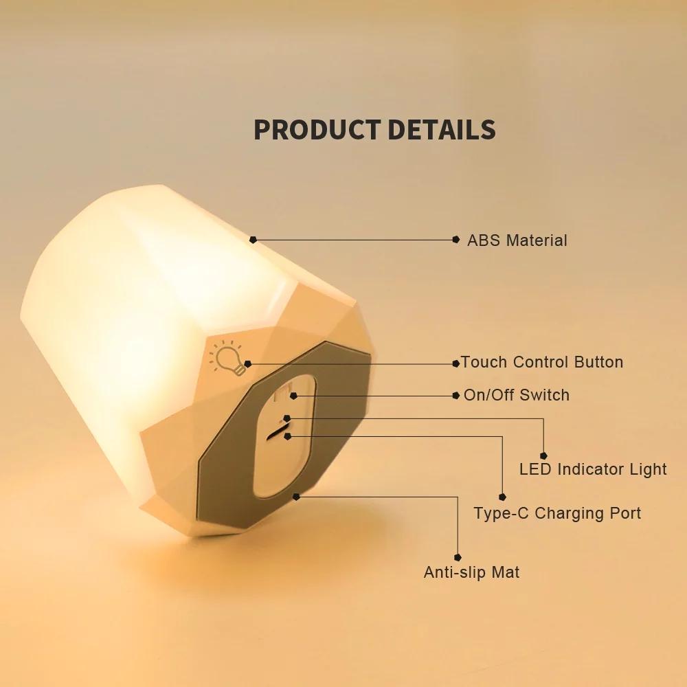 RUXAN Night Lamp for Bedroom-Rechargeable, Dimmable Warm Light, With Touch Sensor, for Baby Sleep, Bedside Mini Table LED Lamps