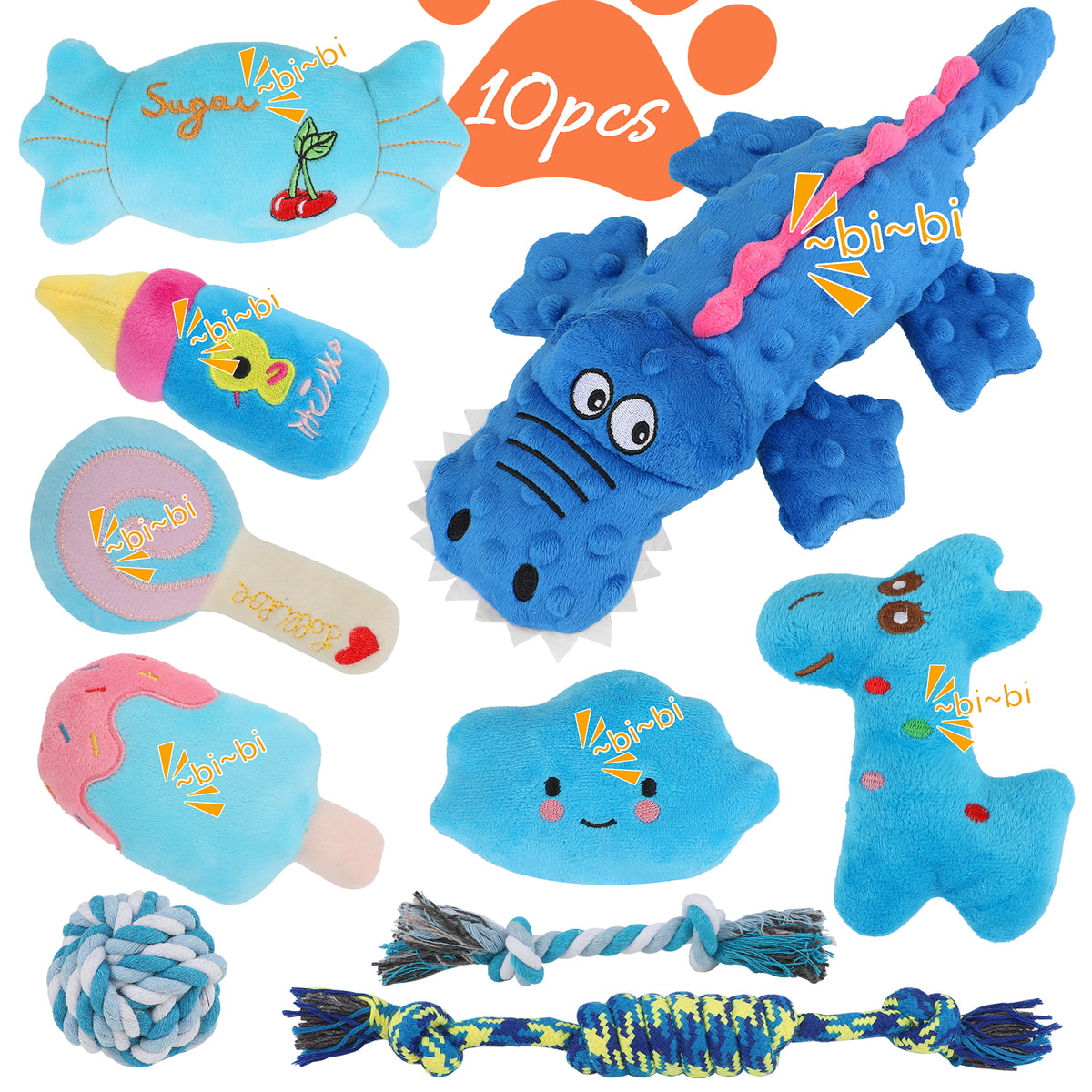 Jewyow 10-Pack Dog Toys Set for Small Dogs, Squeaky Plush Chew Toys with Ball & Rope for Puppy Teeth Cleaning, Interactive Fun and Training