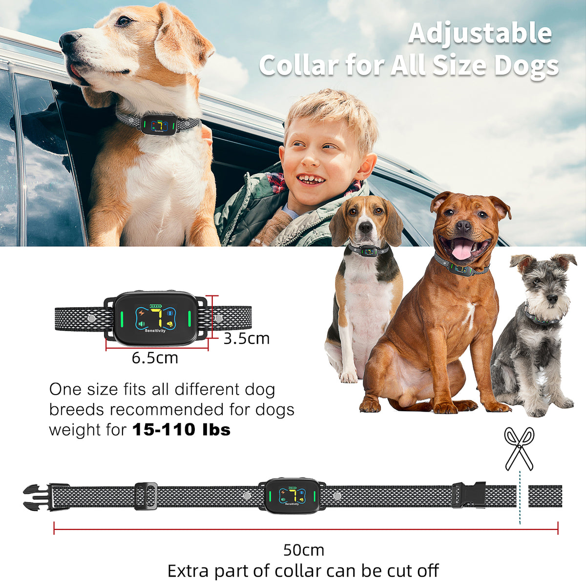 Jewyow Smart Anti Barking Dog Collar for 22-110 lbs Dogs - Beep Vibration & Shock Training Collar, Rechargeable LCD Display Anti Bark Collar for Small Medium Large Dogs