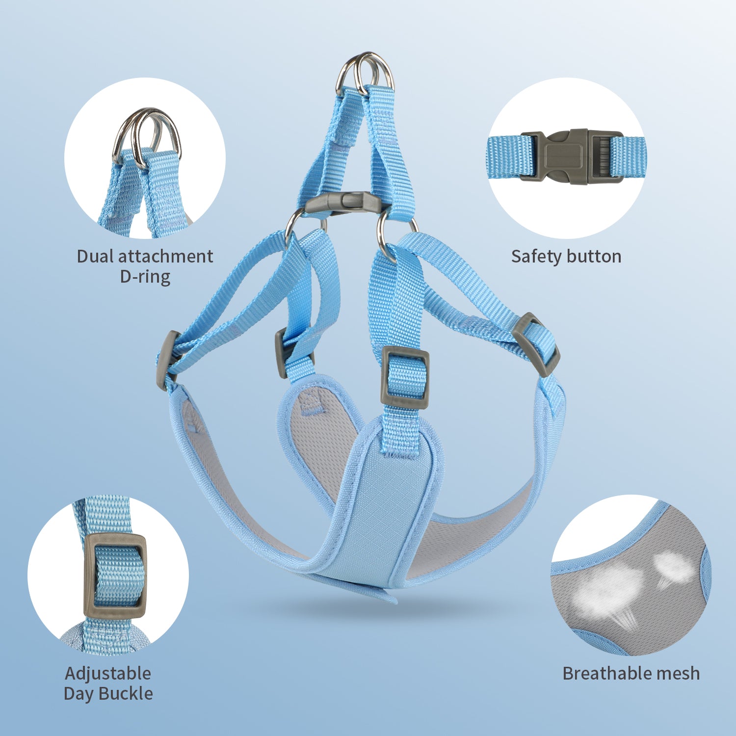 Jewyow No-Pull Dog Harness – Adjustable Soft Mesh Vest for Small Dogs & Cats, Lightweight Step-In Design Blue, M