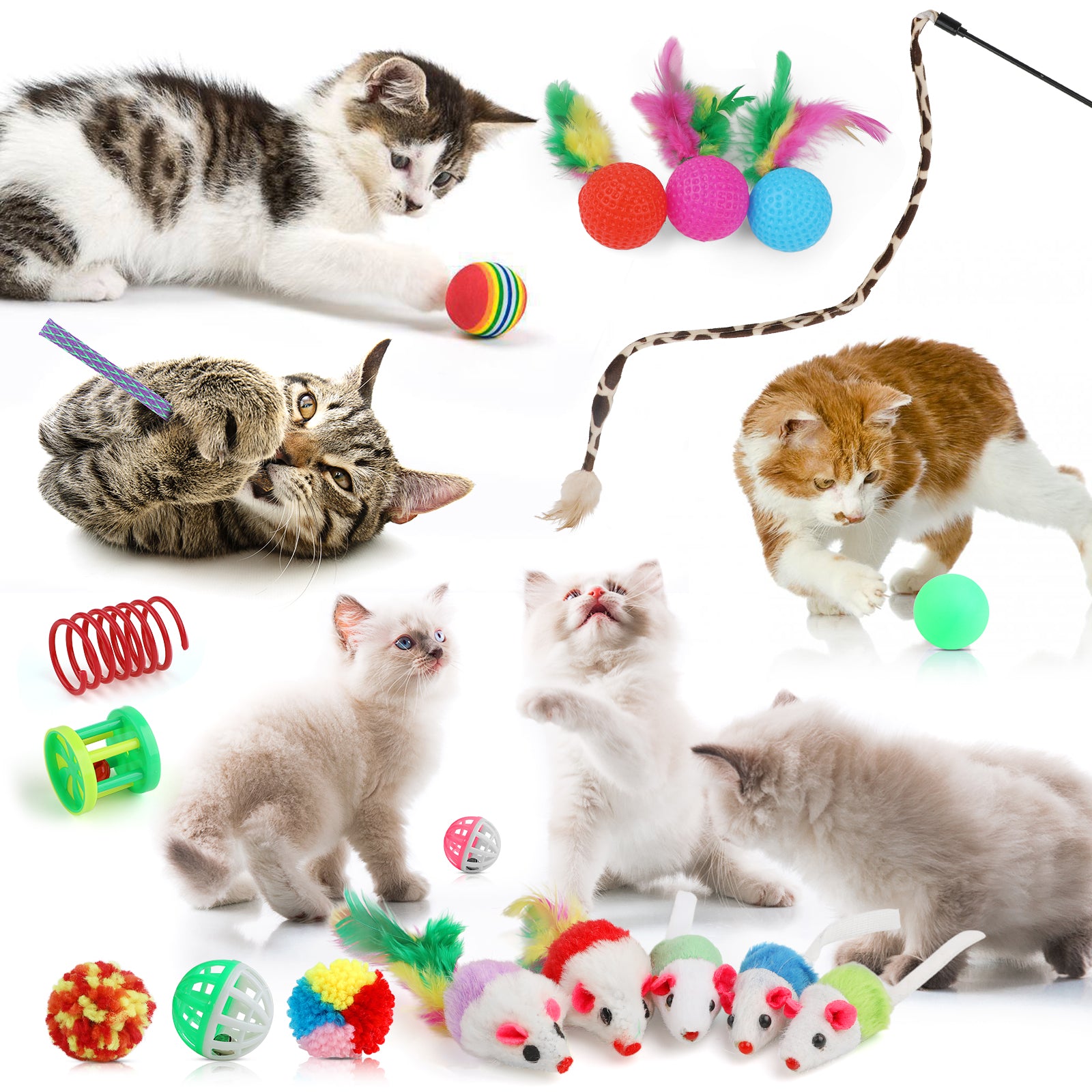 Jewyow 22 PCS Cats Toy Assortment, Catnip Toys, Interactive Pet Balls, Kitten Chew Toys, Feather Teaser Wand, Rainbow Tunnel & Mice Toys for Indoor Kitty
